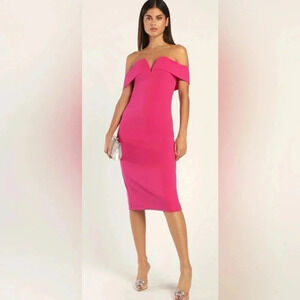 Lulus Pink Off the Shoulder Bodycon Midi Dress